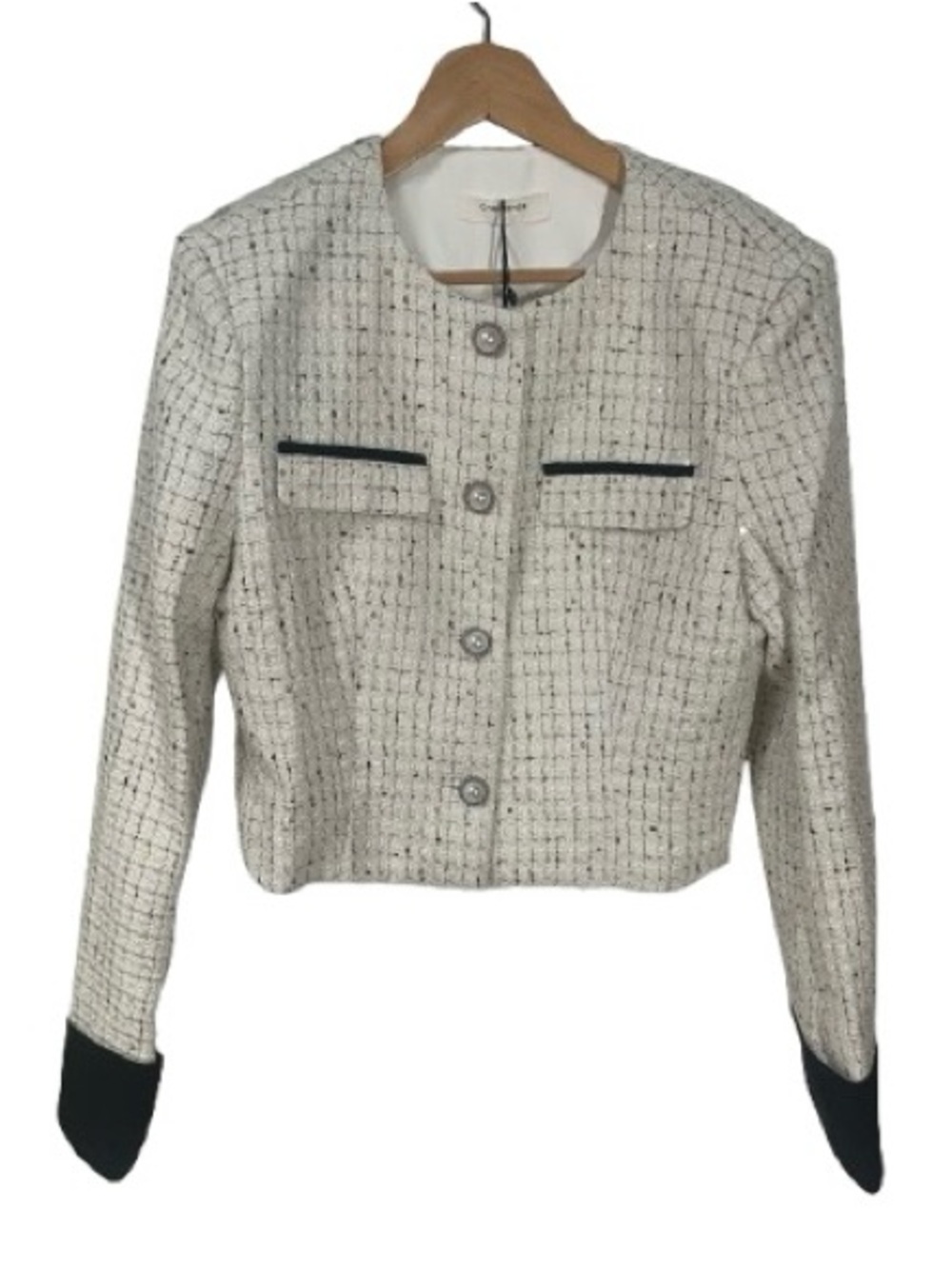 Commense Jacket Blazer Women’s Large Tweed New NWT Cropped Cream Pearl Buttons